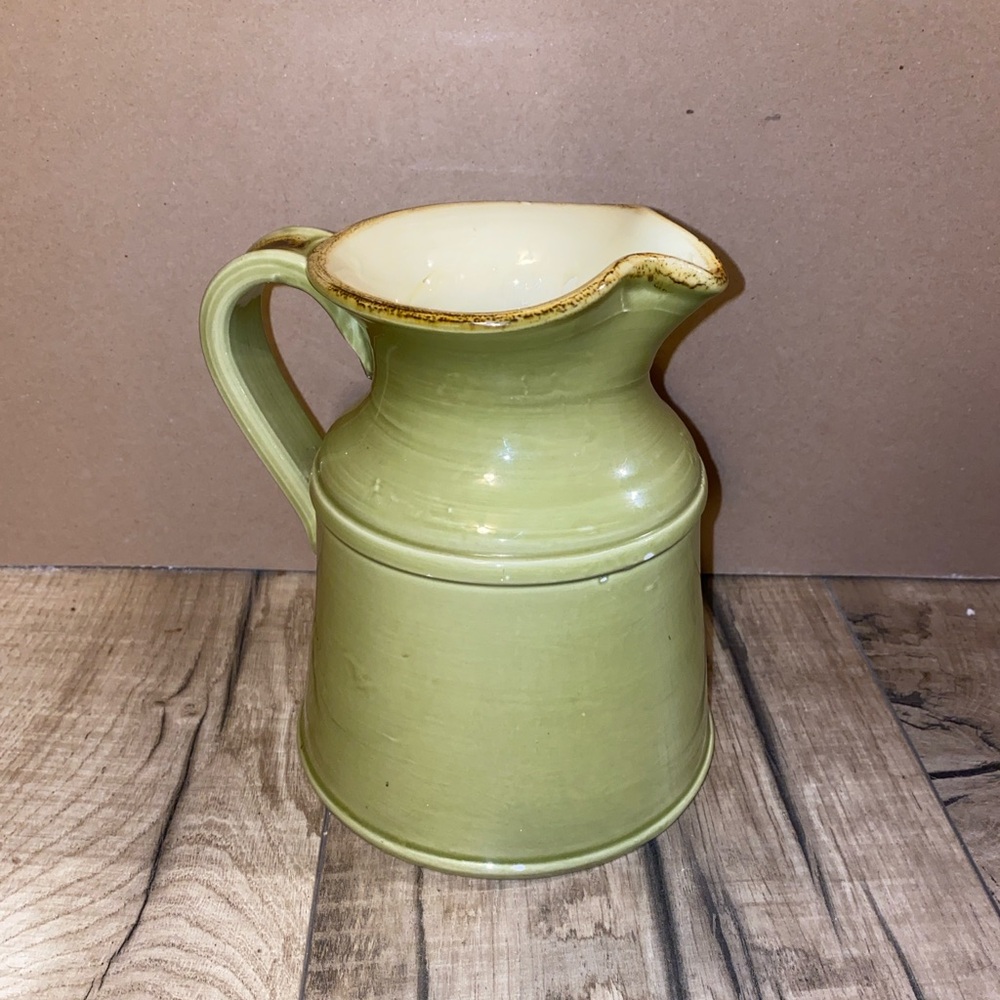 Made in Italy For Crate & Barrel Milk Jug Pitcher Green Yellow Glazed 32 Oz 6.5”